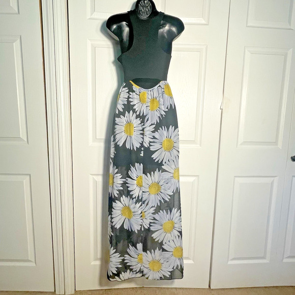 Vintage Ruby Rox Dress Women Small Black Daisies Sleeveless Flowy Maxi Cutouts - Picture 5 of 14